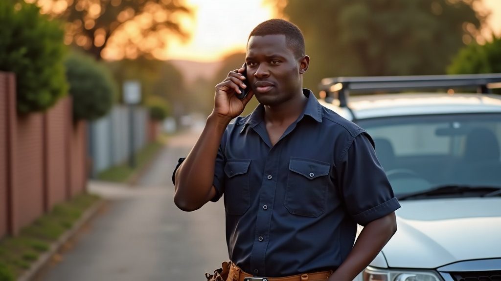 A business owner on the phone beside his bakkie at golden hour