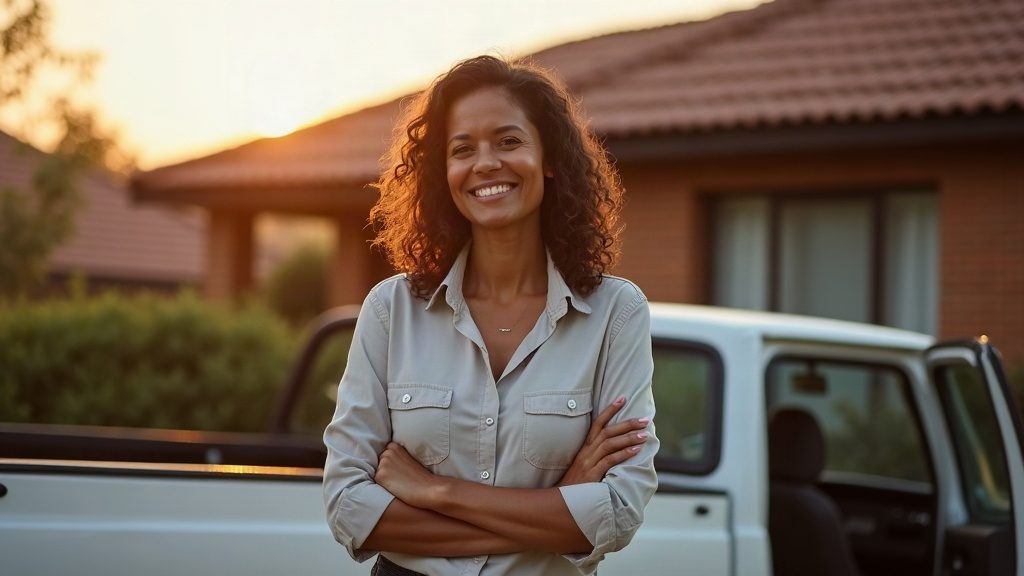 A confident business owner, arms folded and smiling, beside her bakkie at sunrise